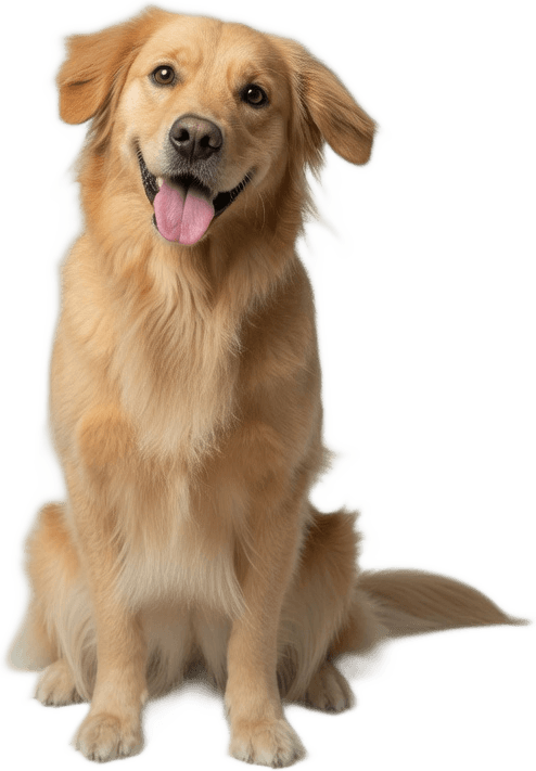 Luna, a golden retriever, sitting and smiling